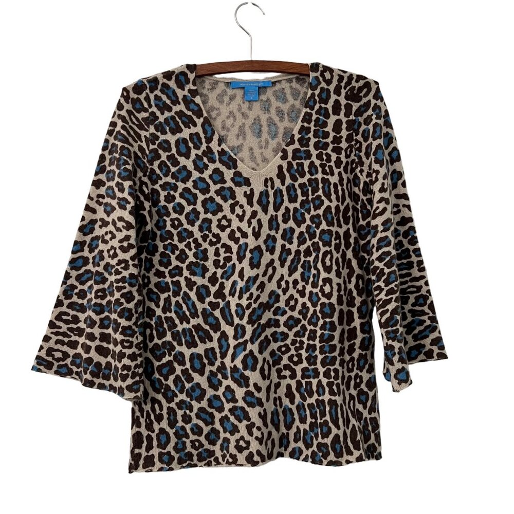 White Warren Pure Cashmere Brown Blue Animal Print Vneck Bell Sleeve Sweater S